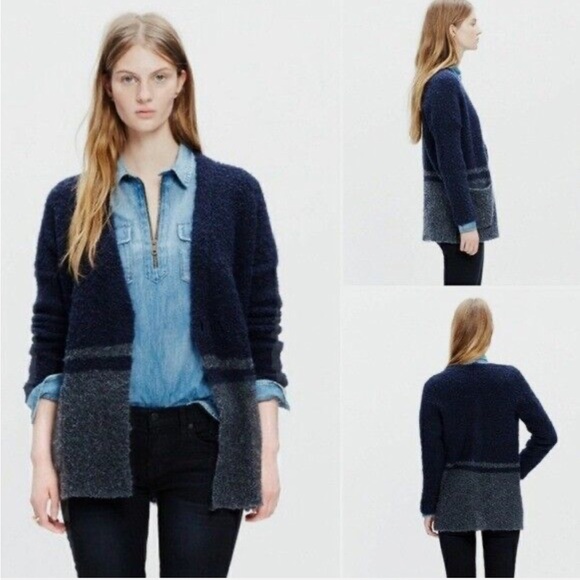 Madewell Boucle Wool Alpaca Blend Blue Gray ColorBlock Two Button Cardigan XS - Picture 1 of 9